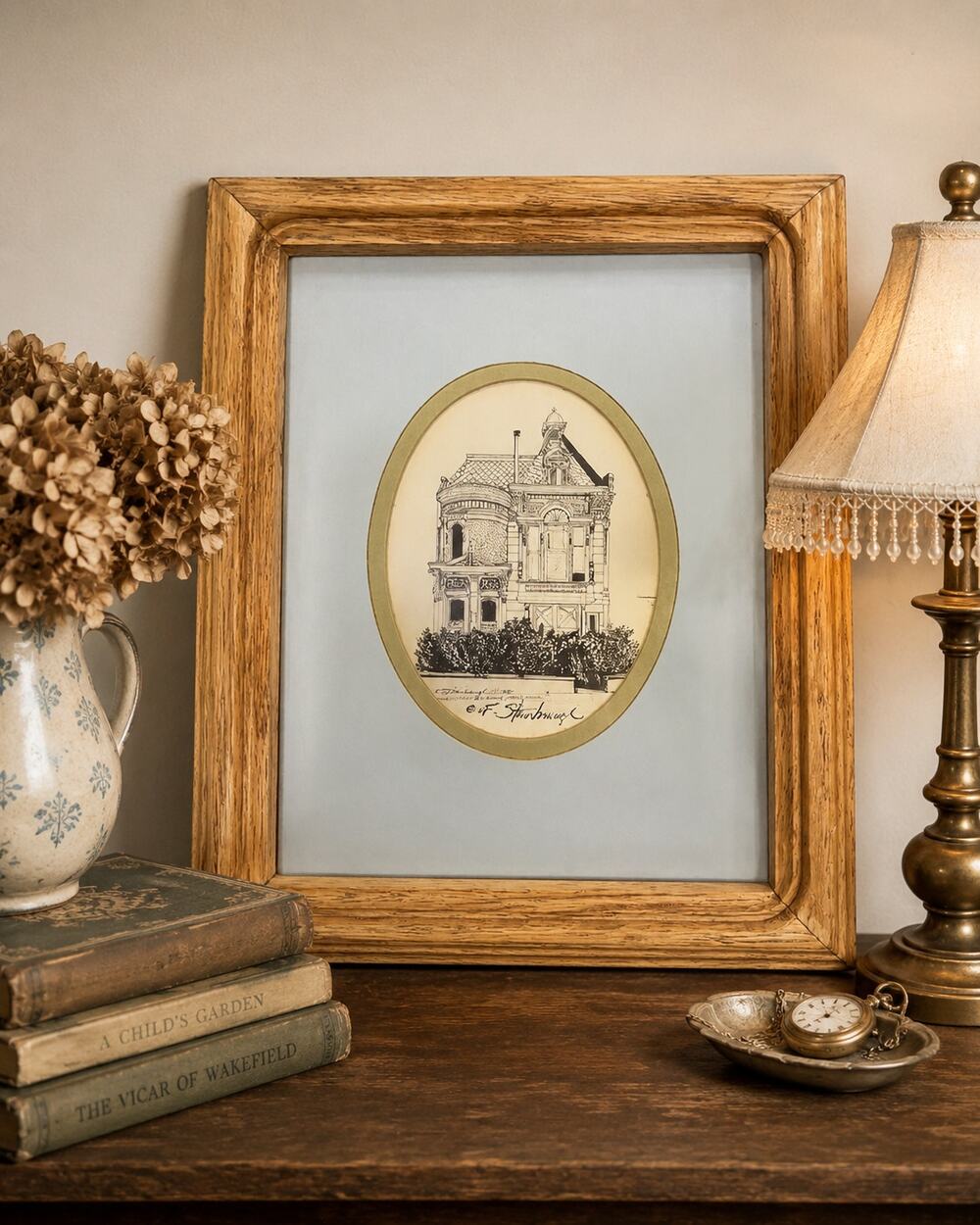 Vintage C.F. Stanbrough Victorian House Print Signed Framed Architectural Art